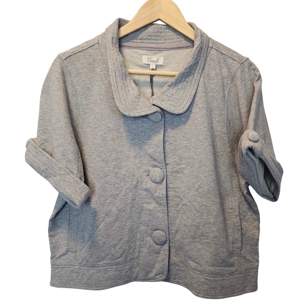 Fossil NEW Gray Button Short Sleeve Top Jacket Cropped Boxy Pockets‎ Size Medium - Picture 2 of 9
